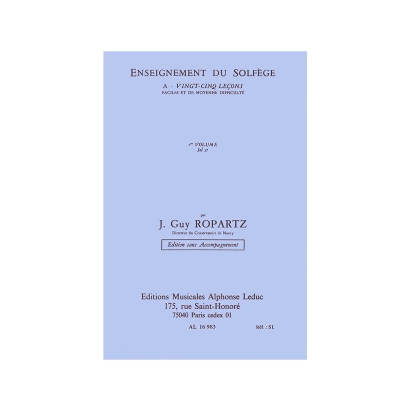 9790046169830AL16983 Ropartz 25 Lecons de Solfege vol. 1 Cle de Sol
