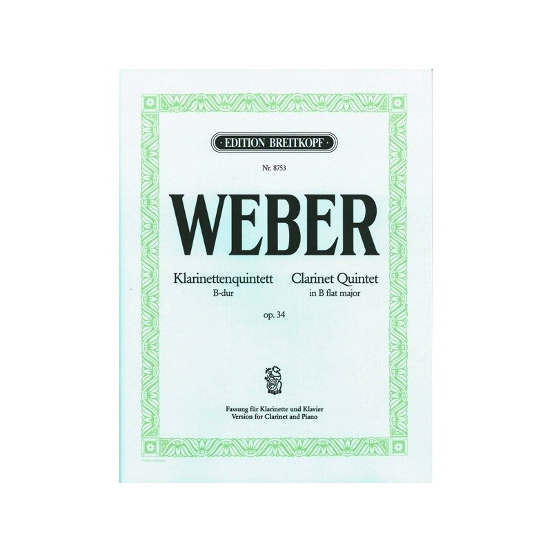 9790004181607BRKEB8753 Clarinet Quintet In B Flat Op.34 - Piano Reduction